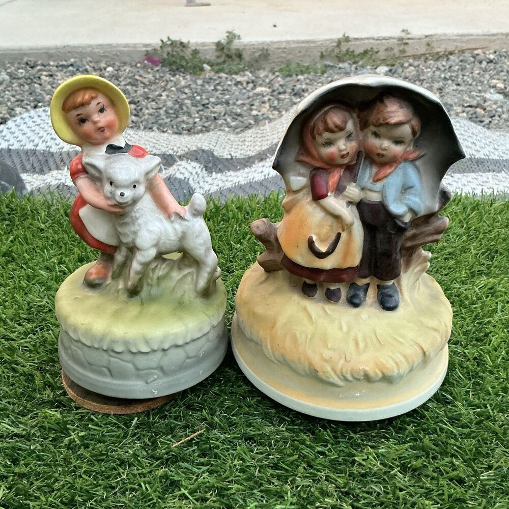 Lot of 2 Vintage Porcelain Child Figurines Girl Lamb Children Umbrella Music Box